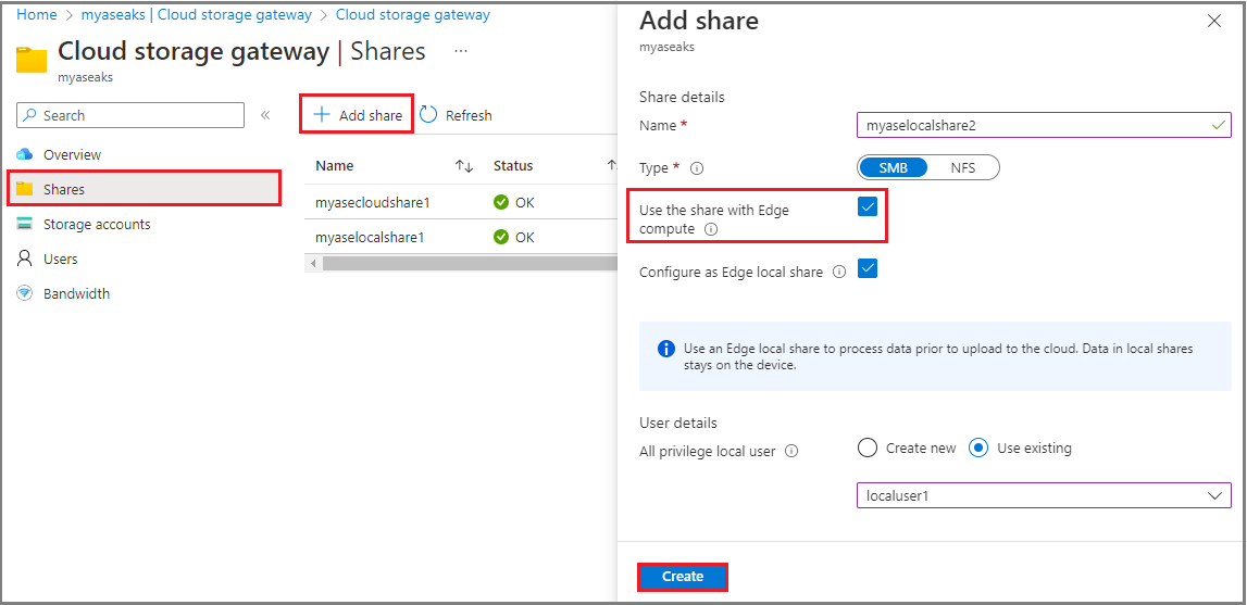 Captura de tela que mostra o gateway de armazenamento em nuvem para adicionar um compartilhamento com a opção Usar o compartilhamento com computação de Borda.