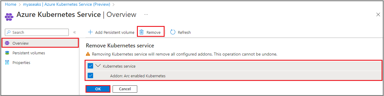 Captura de tela que mostra a página Visão Geral do Serviço Kubernetes do Azure com a confirmação Remover.
