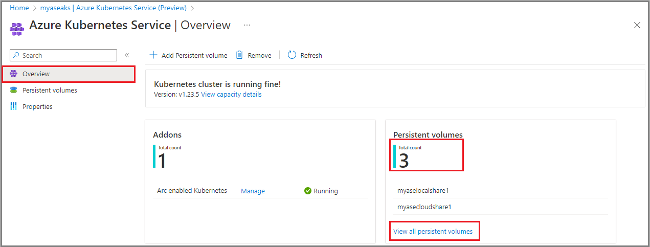 Captura de tela que mostra a página Visão Geral do Serviço Kubernetes do Azure com Volumes Persistentes.