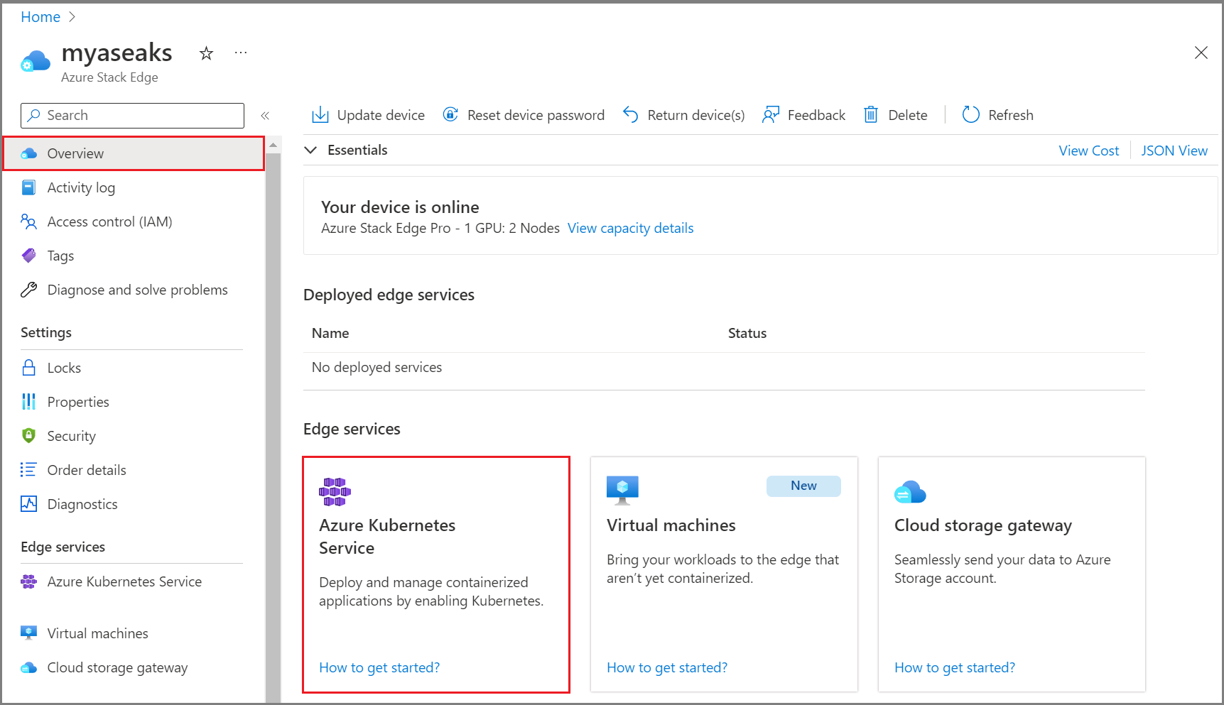 Captura de tela mostrando o bloco Serviço Kubernetes do Azure no painel Visão geral do portal do Azure.