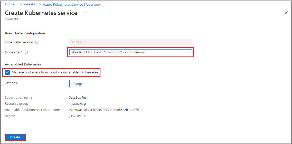 Captura de tela que mostra a página Criar serviço Kubernetes da interface do usuário do Azure Stack Edge.