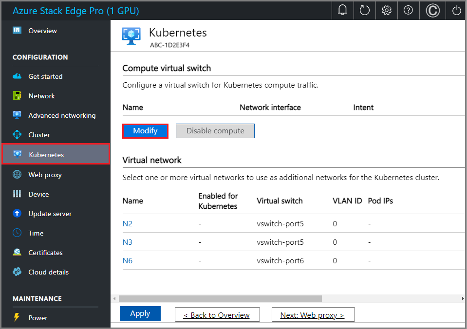 Captura de tela que mostra a página do Kubernetes no portal do Azure.