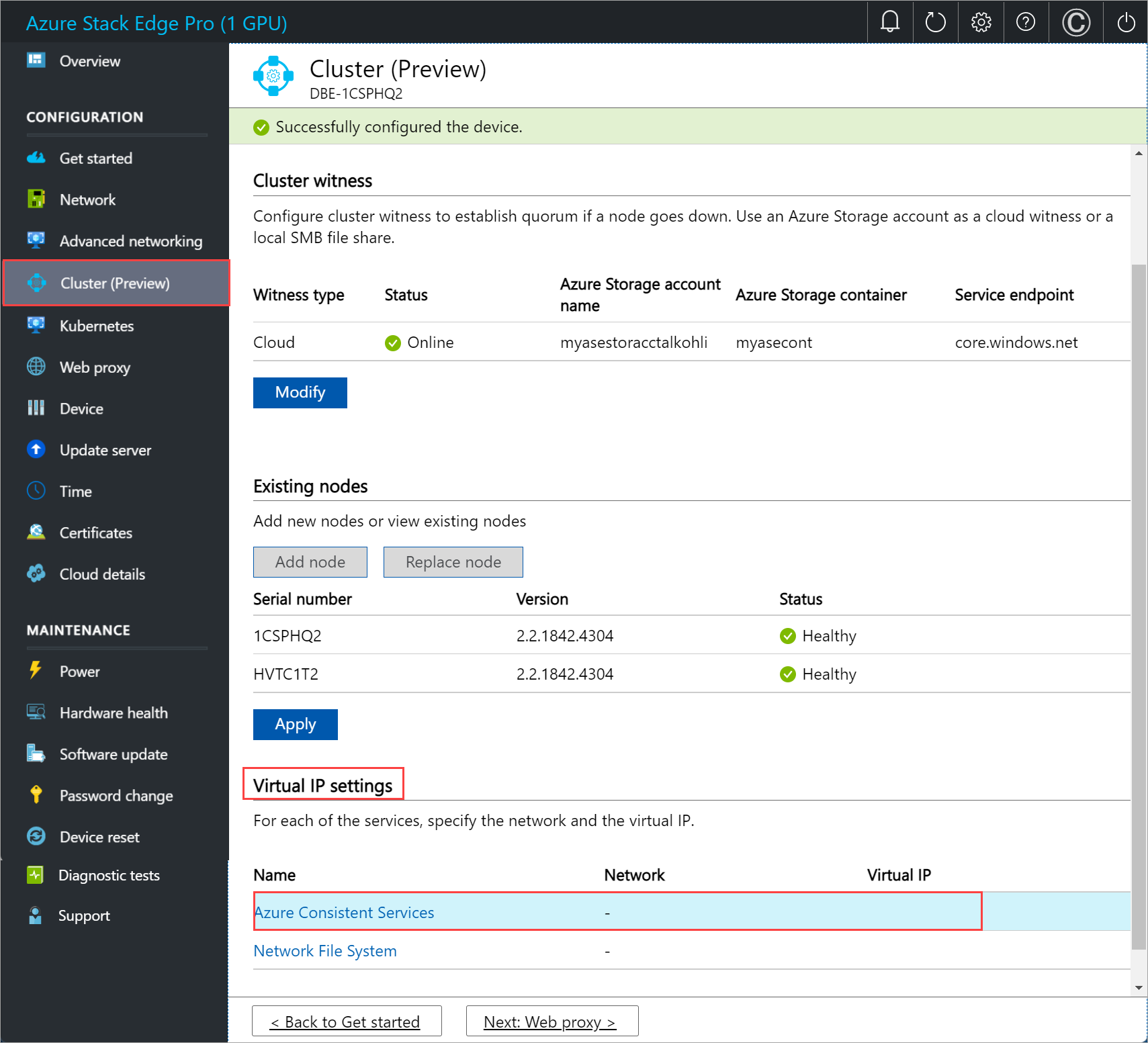 Screenshot of local web U I Cluster page with Azure Consistent Services selected for Virtual I P Settings on first node.