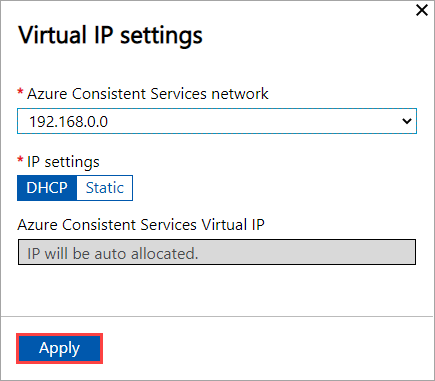 Screenshot of local web U I Cluster page with Virtual I P Settings blade configured for Azure consistent services on first node.