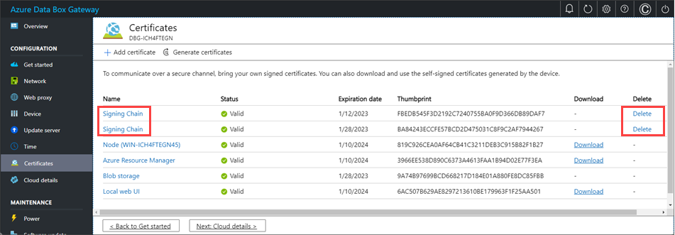 Captura de tela da folha Certificados da interface do usuário da Web local de um dispositivo Azure Stack Edge. A opção Excluir para os certificados de assinatura é realçada.