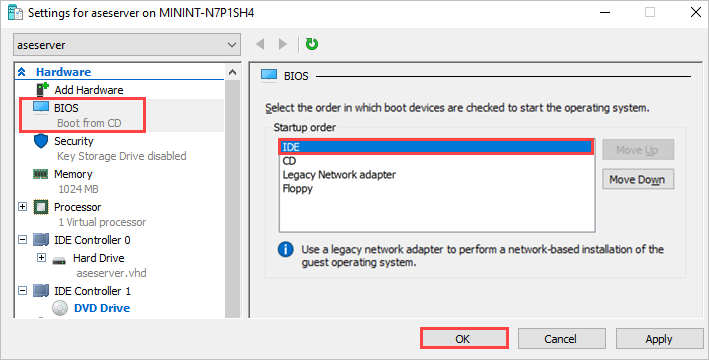 Screenshot showing IDE at top of startup order in BIOS settings for a VM in Hyper-V Manager