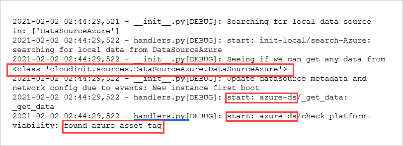 Ilustração de uma entrada de log de inicialização na nuvem para uma imagem de VM com a Fonte de Dados definida como Azure. O texto de identificação é realçado.