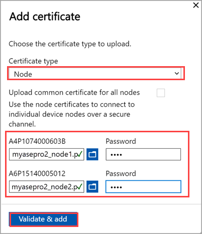 Screenshot of the Add Certificate pane for the Local Web UI certificate for an Azure Stack Edge device. The certificate type and certificate entries highlighted.
