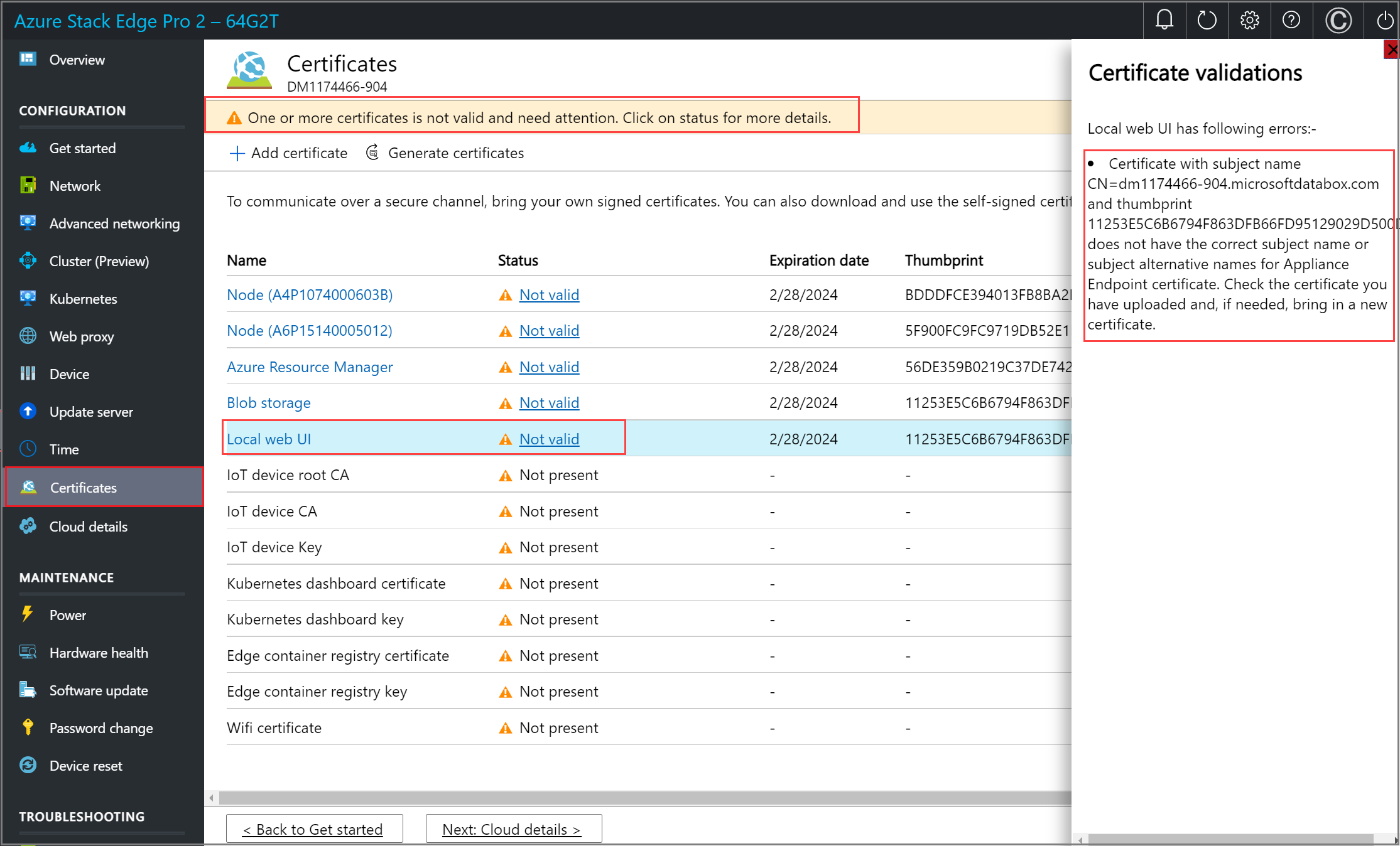 Screenshot of Certificate Details for a certificate on the Certificates page in the local web UI of an Azure Stack Edge device. The selected certificate and certificate details are highlighted.