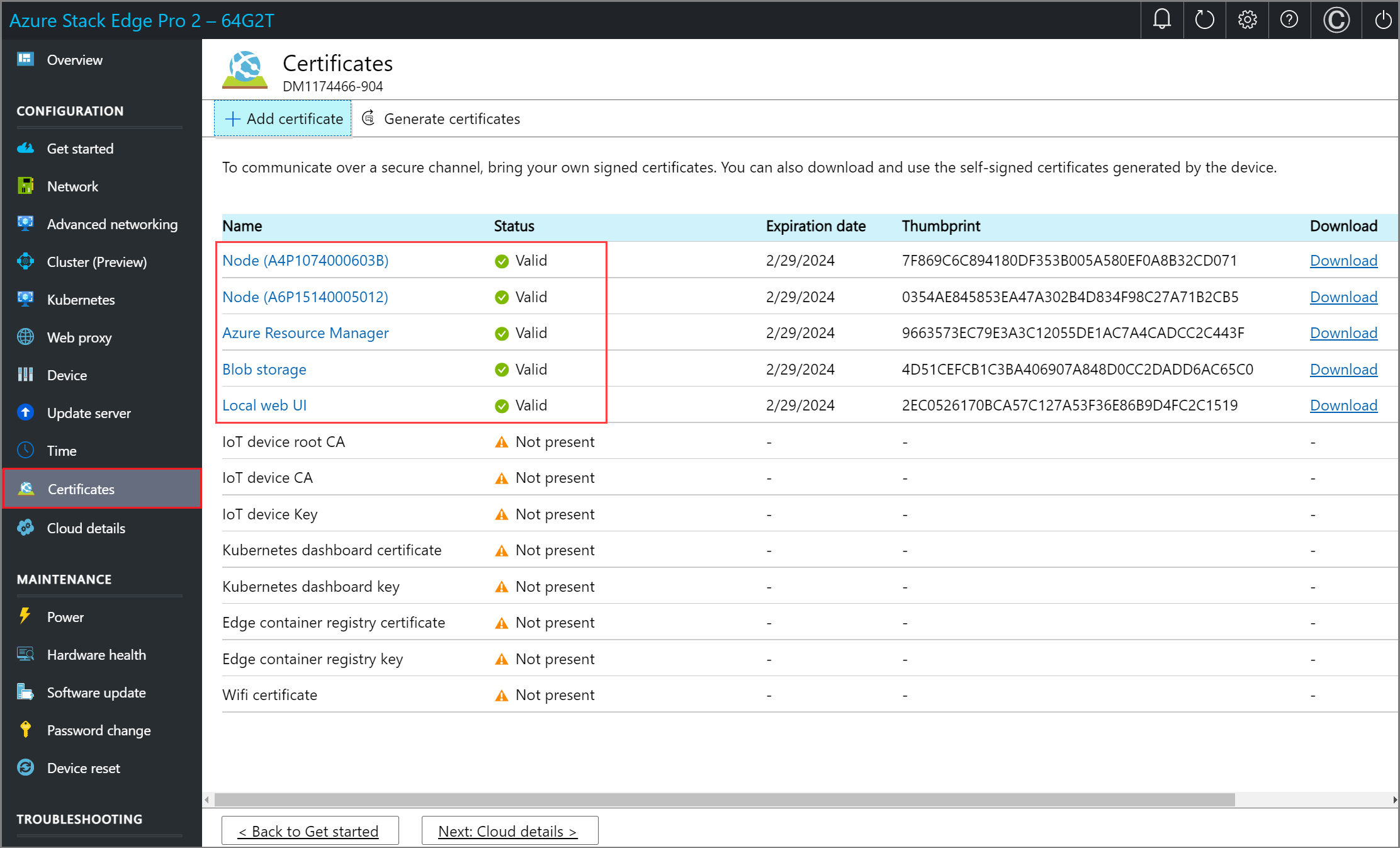Screenshot of newly generated certificates on the Certificates page of an Azure Stack Edge device. Certificates with Valid state are highlighted.