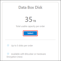 Captura de ecrã a mostrar a localização do botão Selecionar da opção Data Box Disk.