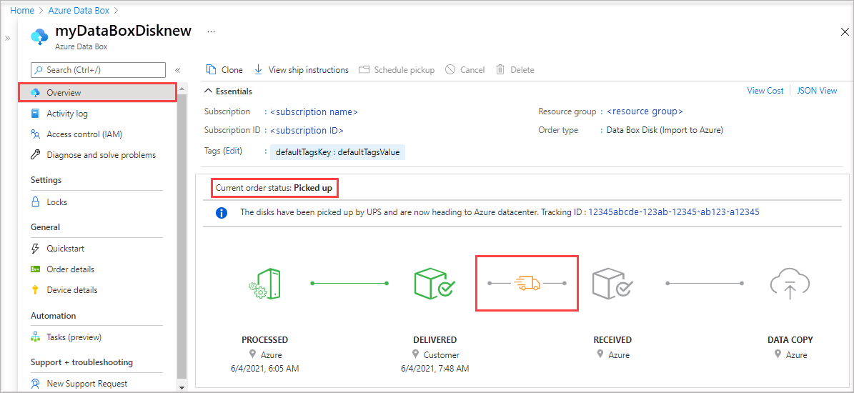 Captura de ecrã a mostrar o painel Descrição geral de uma ordem de importação Data Box Disk no estado Recolhido. A opção Descrição geral e o estado da encomenda Recolhido estão realçados.