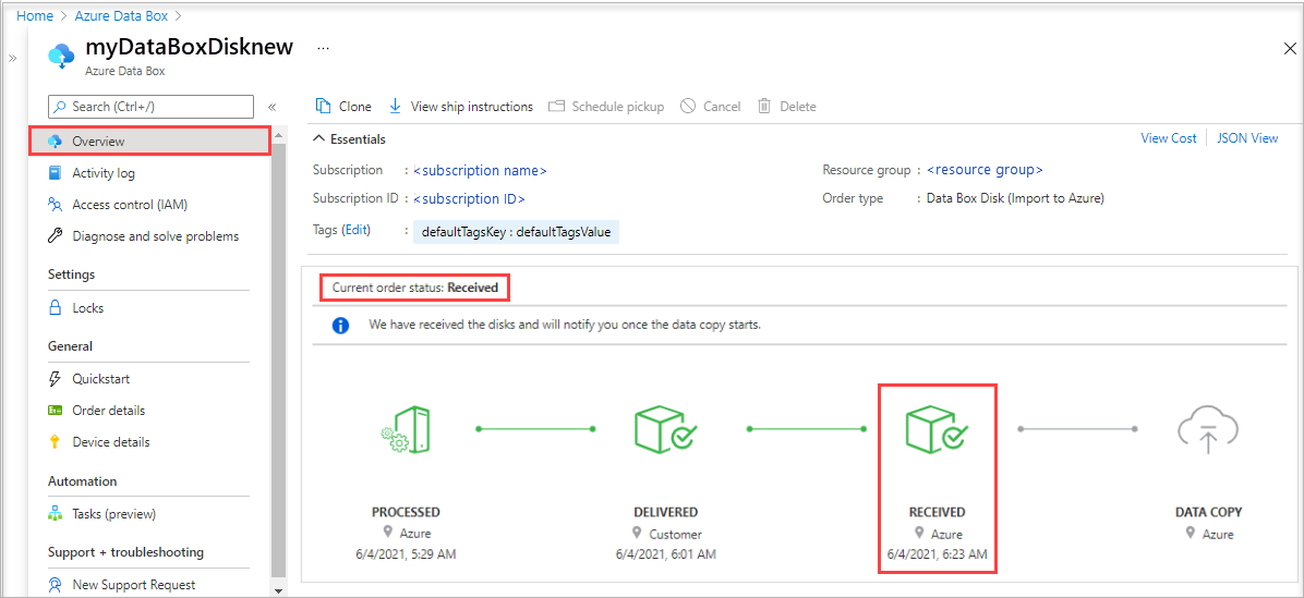 Captura de ecrã a mostrar o painel Descrição geral de uma ordem de importação Data Box Disk no estado Recebido. A opção de menu Descrição Geral e o Estado da encomenda recebida estão realçados.