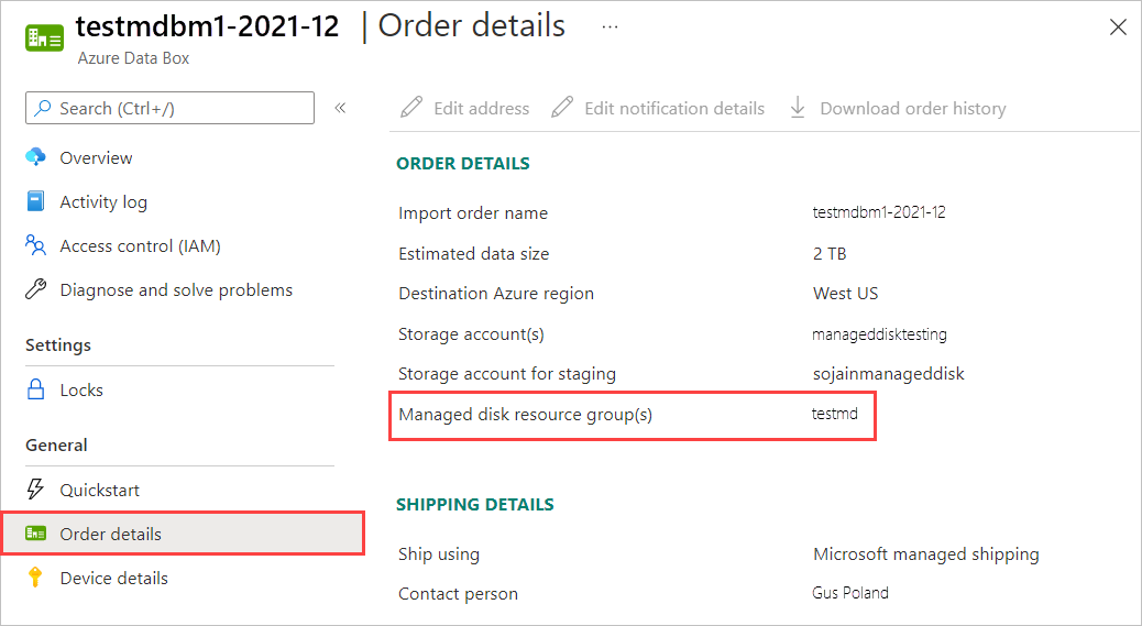 Captura de ecrã do painel Detalhes da Encomenda de uma encomenda de importação Data Box Disk. O item de menu Detalhes da Encomenda e a definição Grupos de Recursos do Disco Gerido estão realçados.