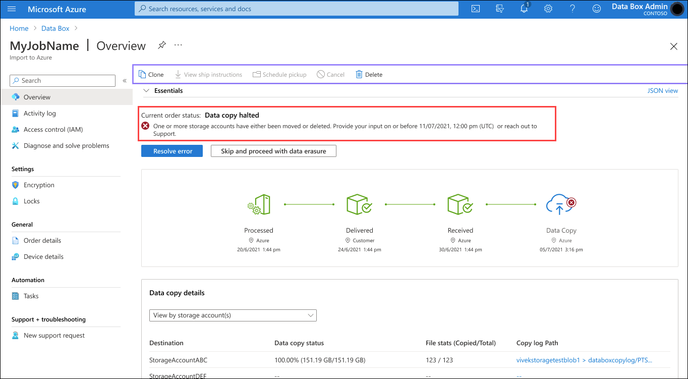 Captura de ecrã a mostrar uma encomenda do Data Box com erros de carregamento retráveis. O estado e a notificação da Cópia de Dados Paradas estão realçados.