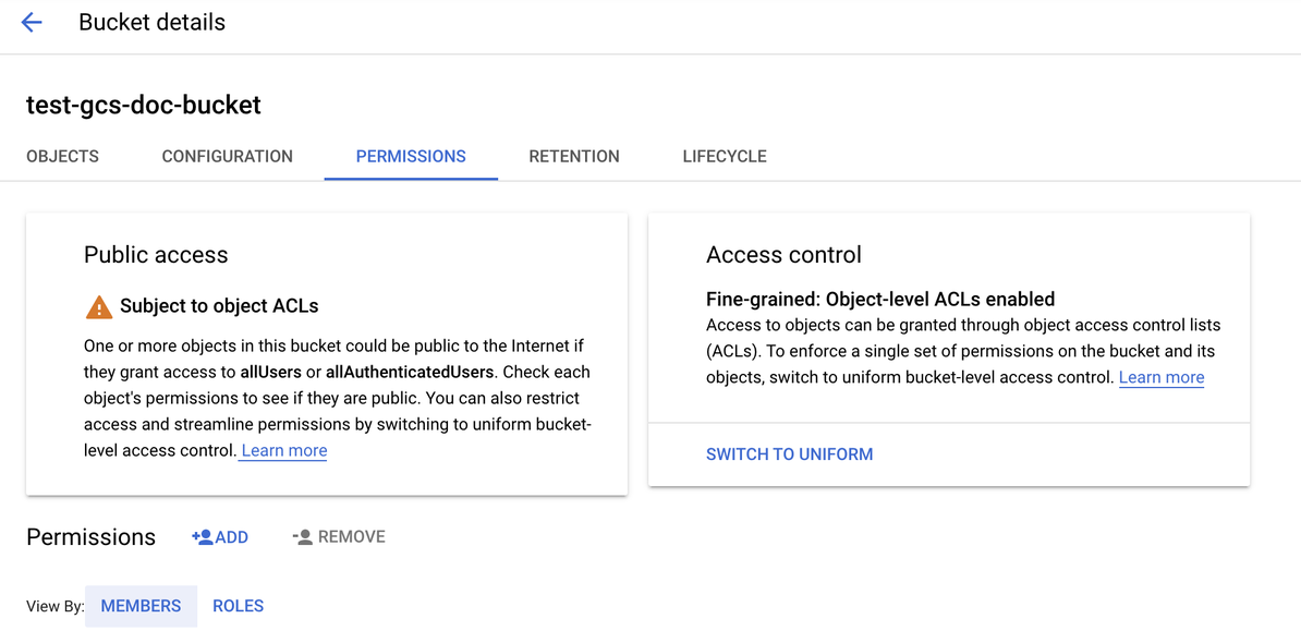 Detalhes do Google Bucket