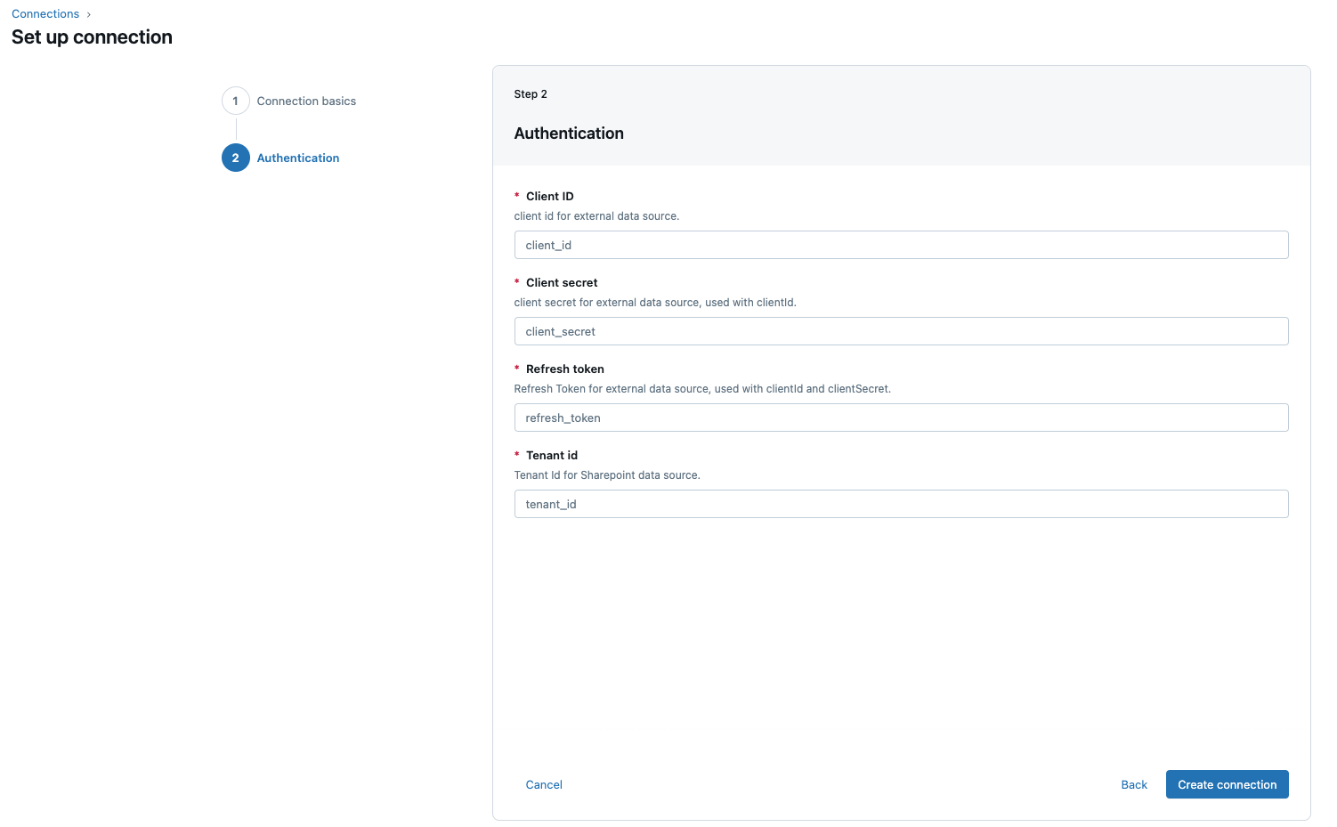 Campos obrigatórios para uma conexão do Catálogo Unity que armazena detalhes de autenticação do SharePoint usando um token de atualização manual