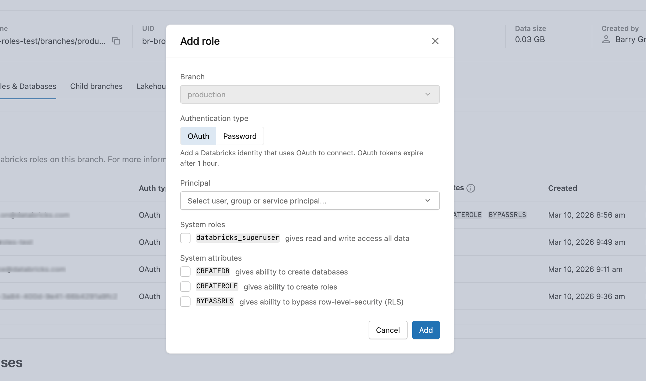 Adicionar papel — aba OAuth