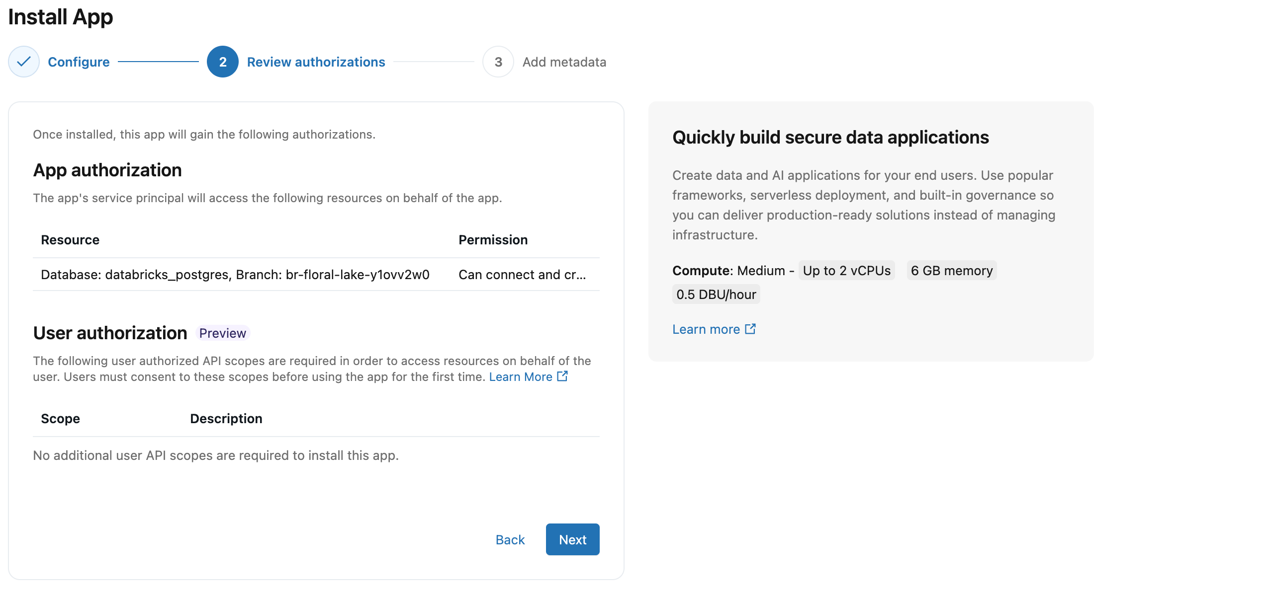 Revisão de autorização que mostra permissões da entidade do serviço