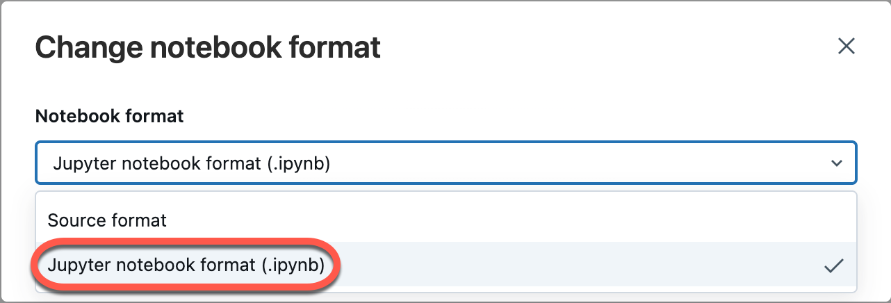 A caixa de diálogo modal onde você pode selecionar o formato de notebook IPYNB.