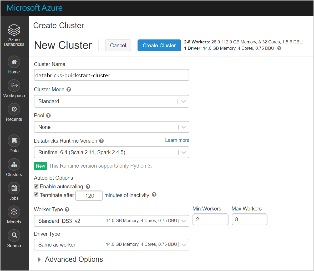 Criar cluster do Azure Databricks