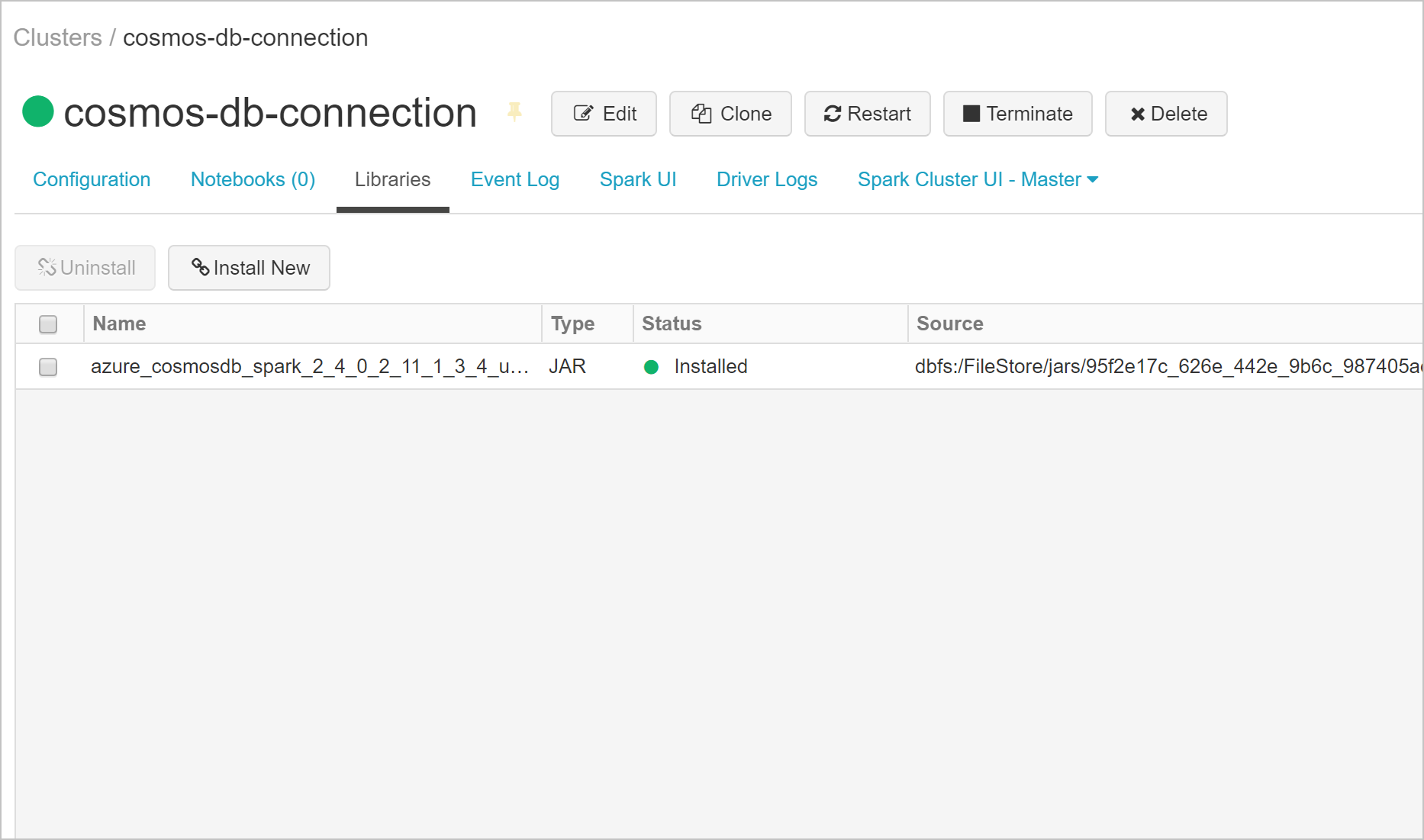 Separador Bibliotecas do cluster do Databricks