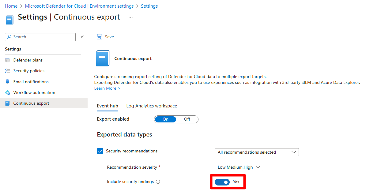 Captura de tela que mostra a alternância Incluir descobertas de segurança em uma configuração de exportação contínua.