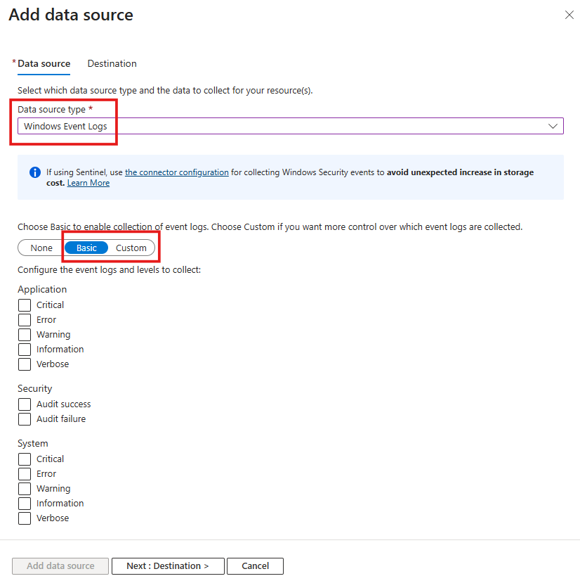 Captura de ecrã da janela Adicionar fonte de dados no assistente Criar Regra de Recolha de Dados a mostrar os Registos de Eventos do Windows selecionados com opções Básicas/Personalizadas.