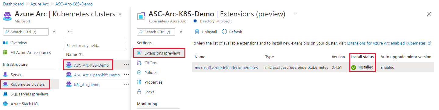 Página Azure Arc para verificar o estado de todas as extensões instaladas num cluster Kubernetes.