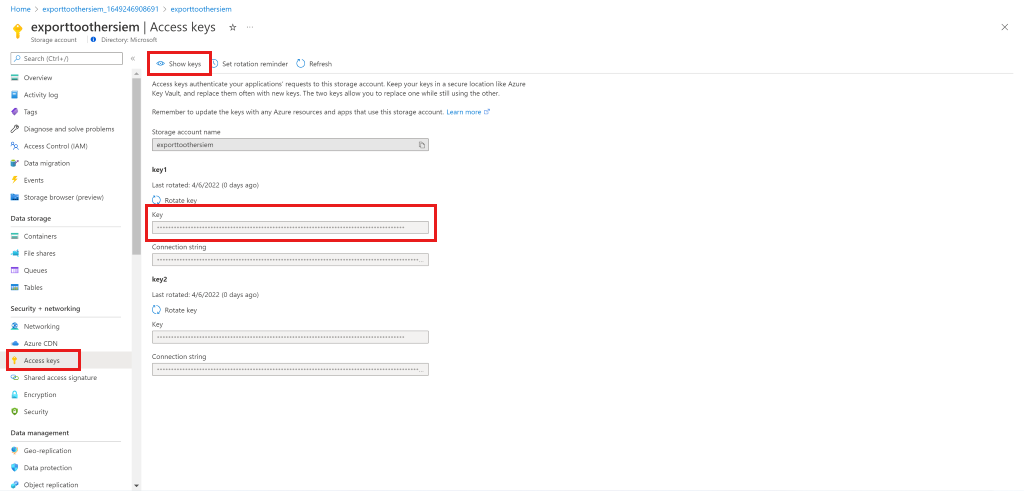 Captura de ecrã a mostrar a cópia da chave da conta de armazenamento.