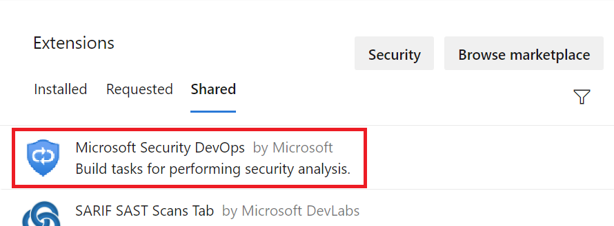 Captura de tela que mostra onde selecionar Microsoft Security DevOps.