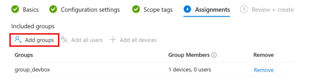 Captura de ecrã a mostrar o separador Criar atribuições de perfil, com Adicionar grupos realçado.