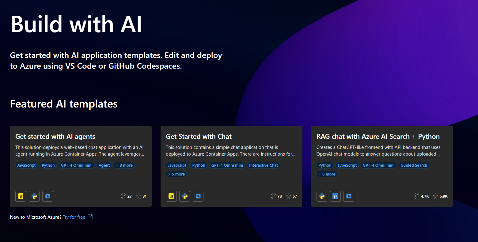 Uma captura de ecrã a mostrar a página inicial da galeria de Modelos de Aplicações de IA.