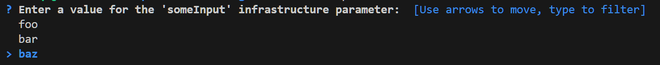 Uma captura de ecrã mostrando os valores padrão permitidos durante o prompt.