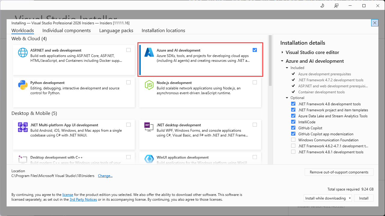 Captura de tela que mostra as cargas de trabalho disponíveis do Visual Studio Installer com a opção de desenvolvimento de IA do Azure selecionada e realçada.