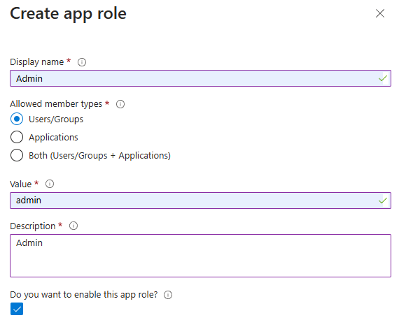 Captura de ecrã do portal do Azure que mostra o painel Criar função de aplicação para o utilizador administrador.