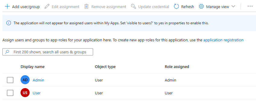 Captura de ecrã do portal do Azure que mostra os utilizadores e funções atribuídos.