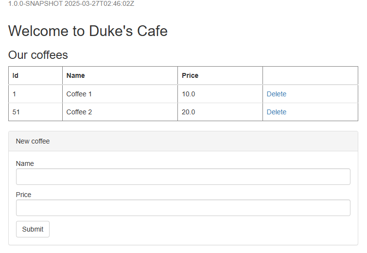 Captura de tela que mostra o aplicativo Java liberty implantado com êxito nos Aplicativos de Contêiner do Azure.