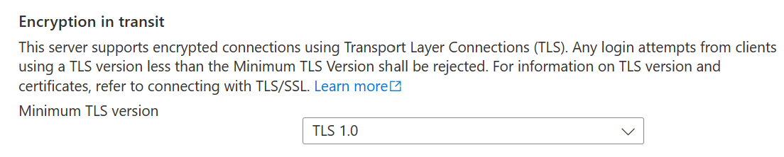 Captura de tela da configuração da rede de banco de dados SQL TLS 1.0.
