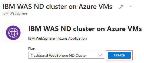 Captura de tela do portal do Azure mostrando a oferta do IBM WebSphere Application Server Cluster.