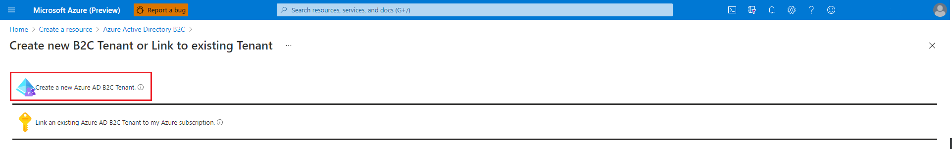 opção do portal do Azure para criar um novo locatário do Azure AD B2C.