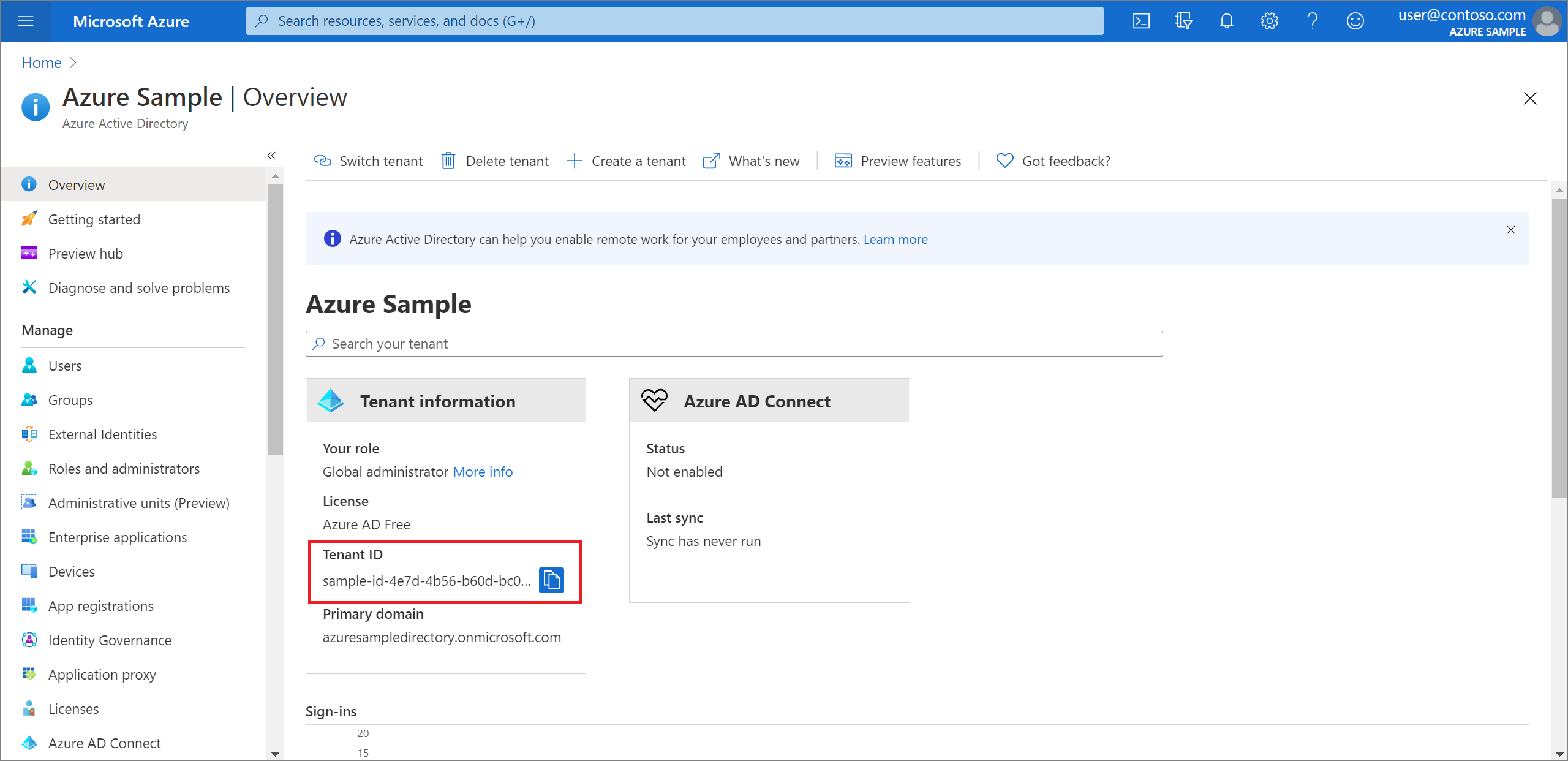 Screenshot of Microsoft Entra tenant screen with 'Tenant ID' highlighted.