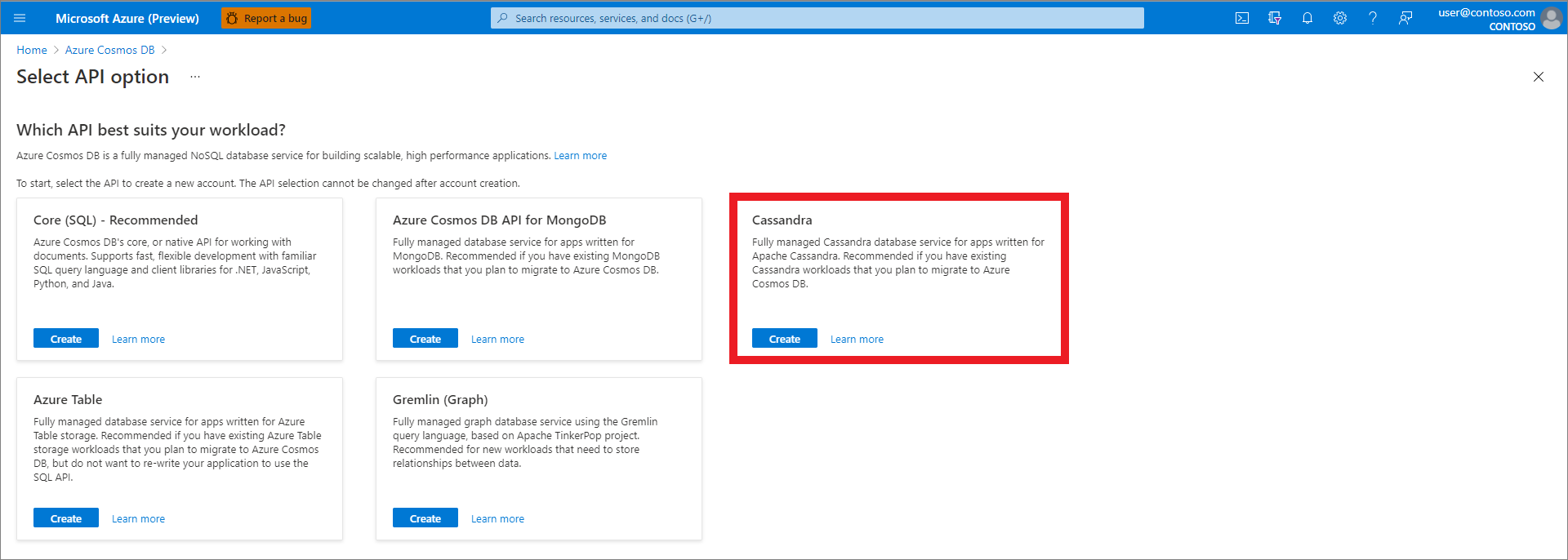 Portal do Azure, crie um recurso, selecione a opção API, Cassandra selecionada.