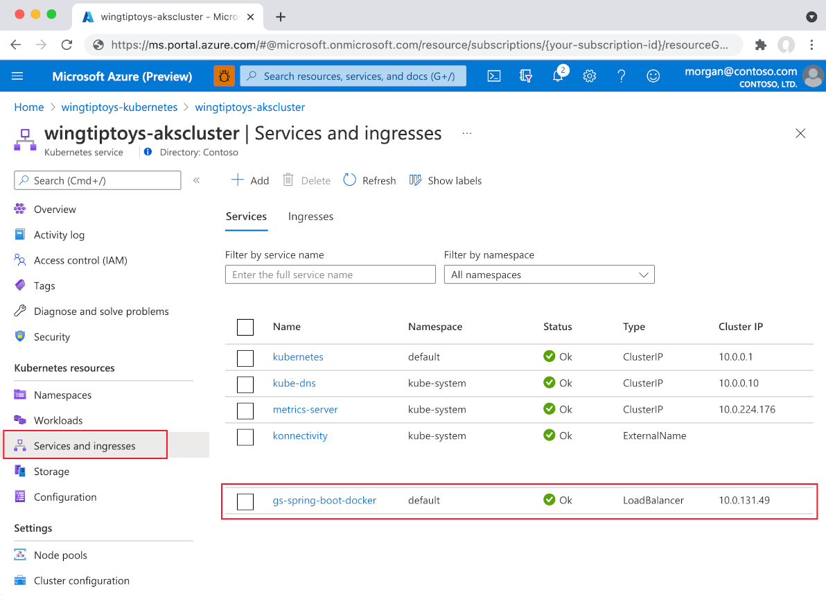 visualização de recursos do Kubernetes, lista de serviços.