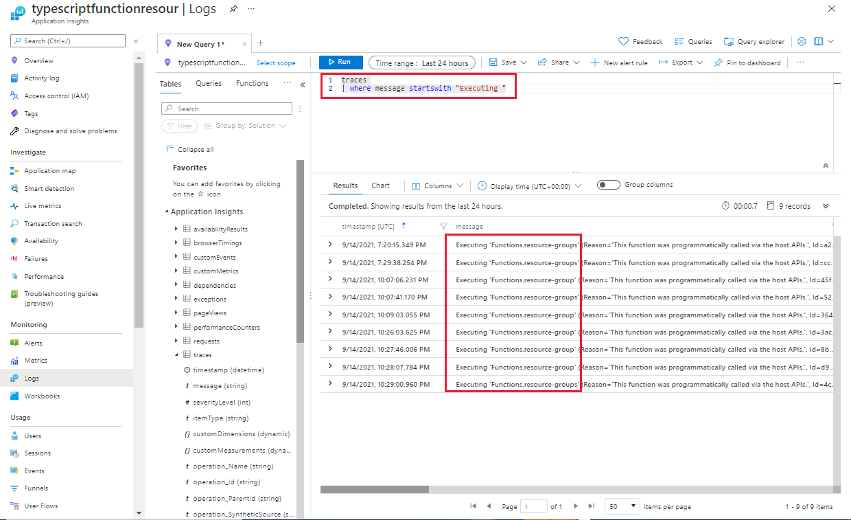 Captura de tela do navegador mostrando o resultado da consulta Kusto do portal do Azure para a tabela Rastreamento.