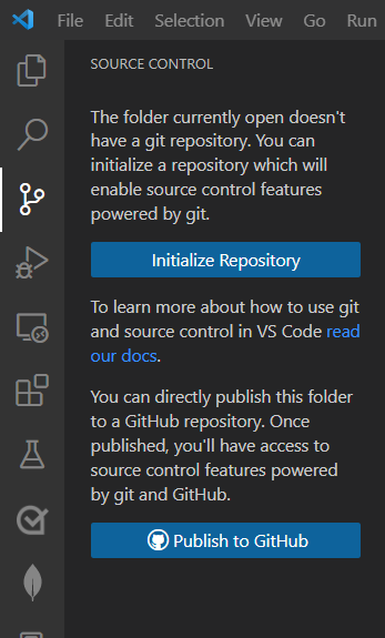 Captura de tela do Visual Studio mostrando o botão Inicializar repositório.