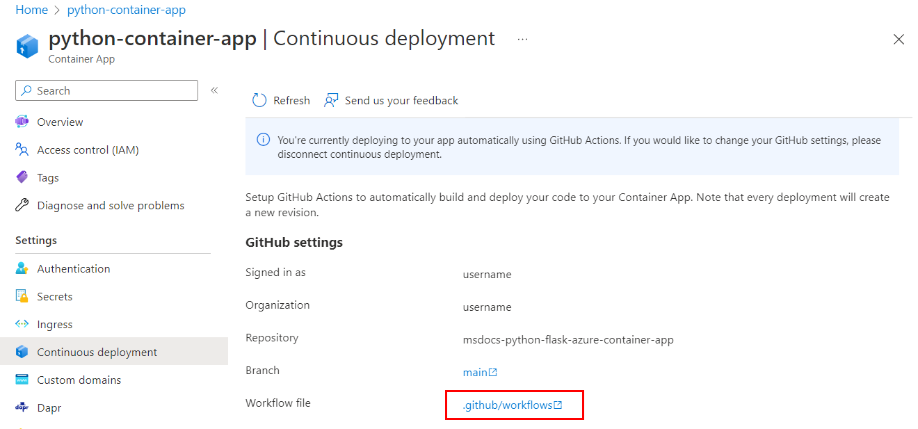 Captura de tela mostrando um Aplicativo de Contêiner do Azure configurado para implantação contínua com Ações do GitHub.