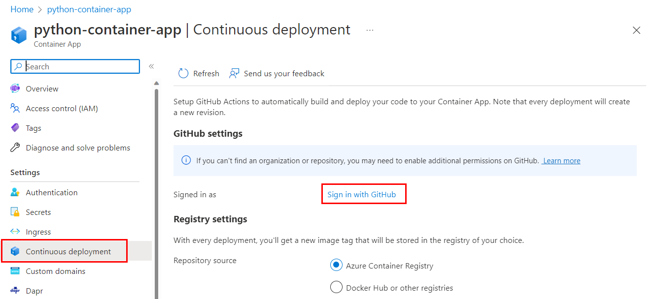 Captura de tela mostrando o recurso de implantação contínua de um Aplicativo de Contêiner e onde entrar com o GitHub no portal do Azure.