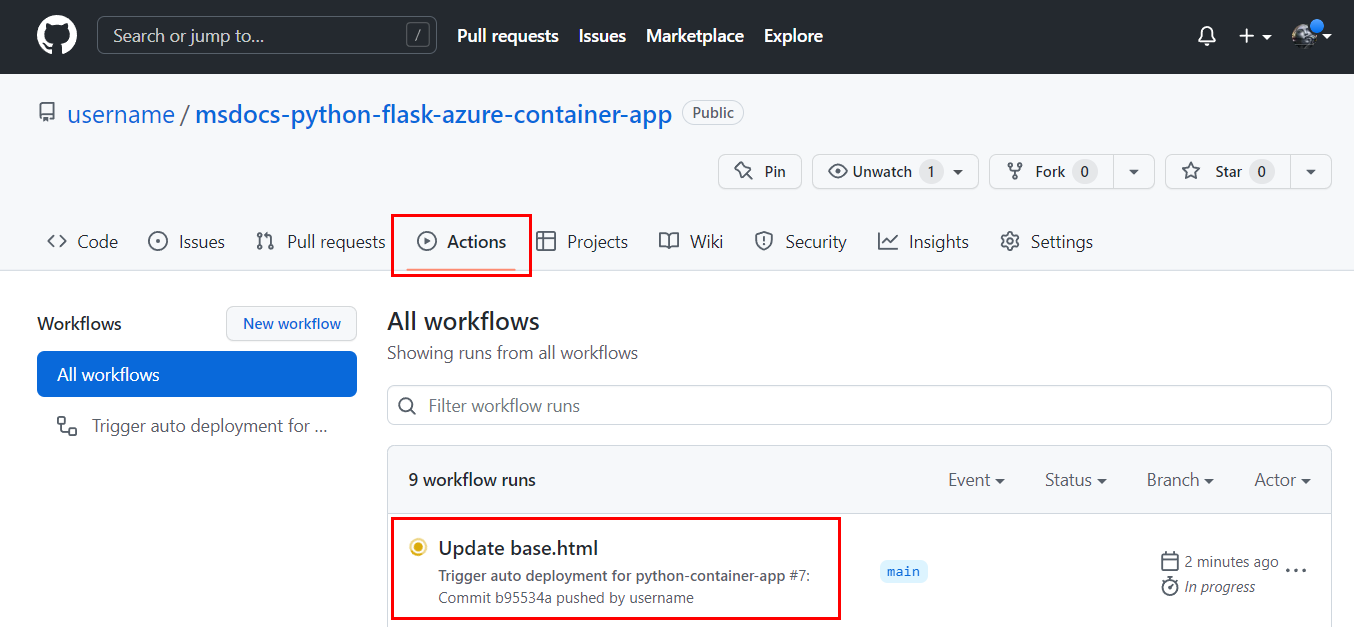 Captura de tela mostrando como visualizar as Ações do GitHub para um repositório e examinar fluxos de trabalho.