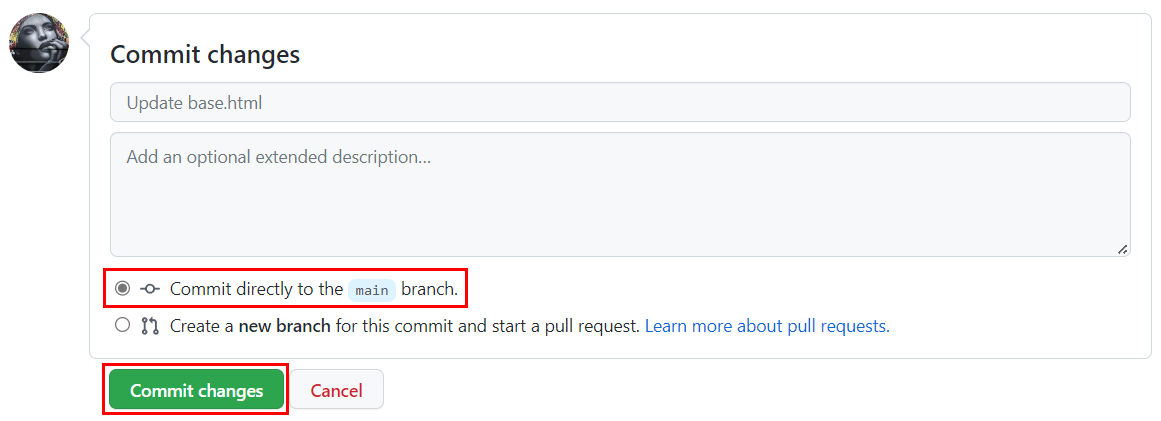 Captura de tela mostrando como confirmar uma alteração em um arquivo de modelo na bifurcação do repositório de exemplo.